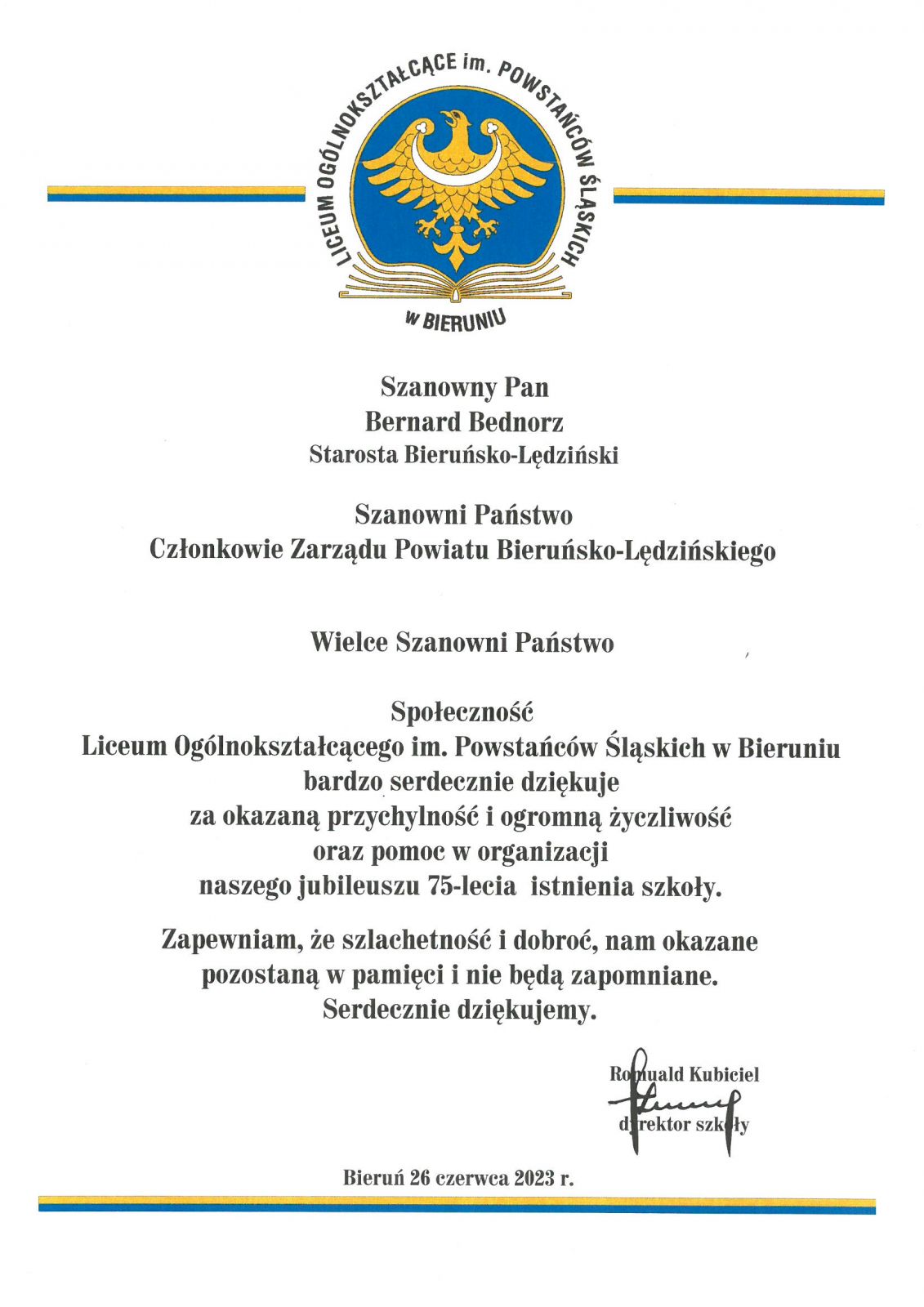 List z podziękwaniem skierowany do Starosty Bieruńsko-Lędzińskiego oraz Członków Zarządu Powiatu